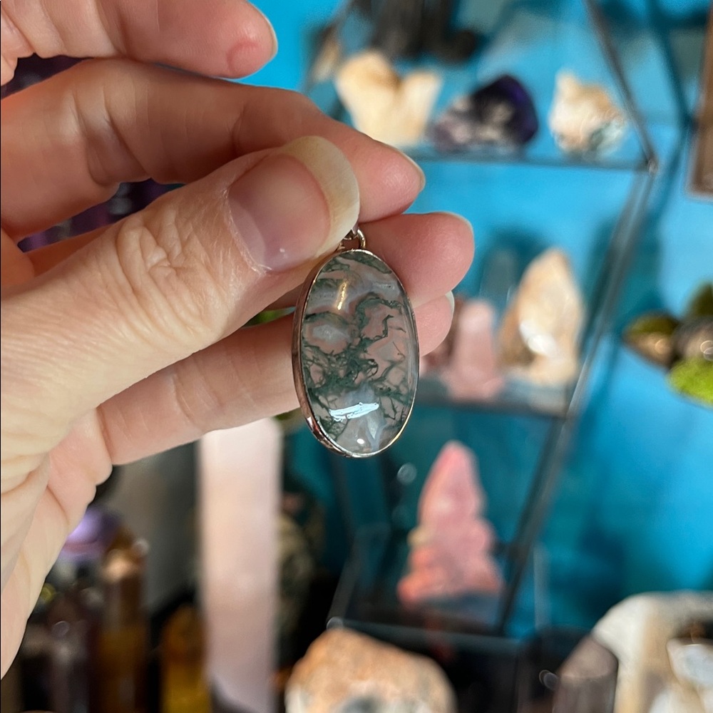 Moss Agate Pendant From Thailand 925 Sterling - Picture 3 of 4